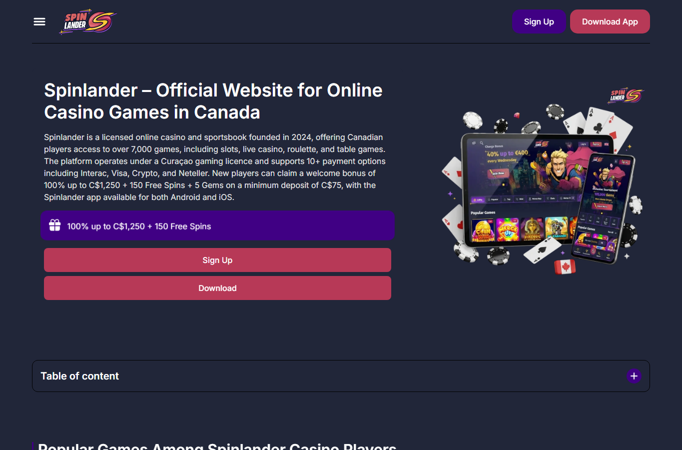 Screenshot reale di SpinLander Casino